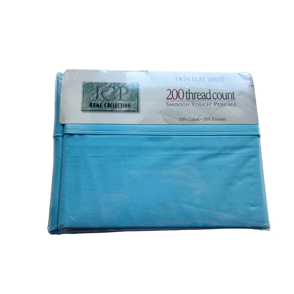 New NOS Vintage JC Penney Aqua TWIN Flat Top Sheet Bedding Spring Summer